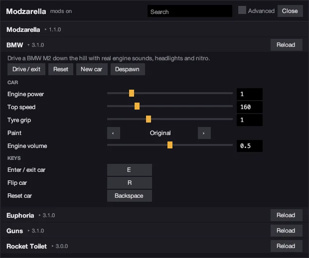 The in-game mod menu